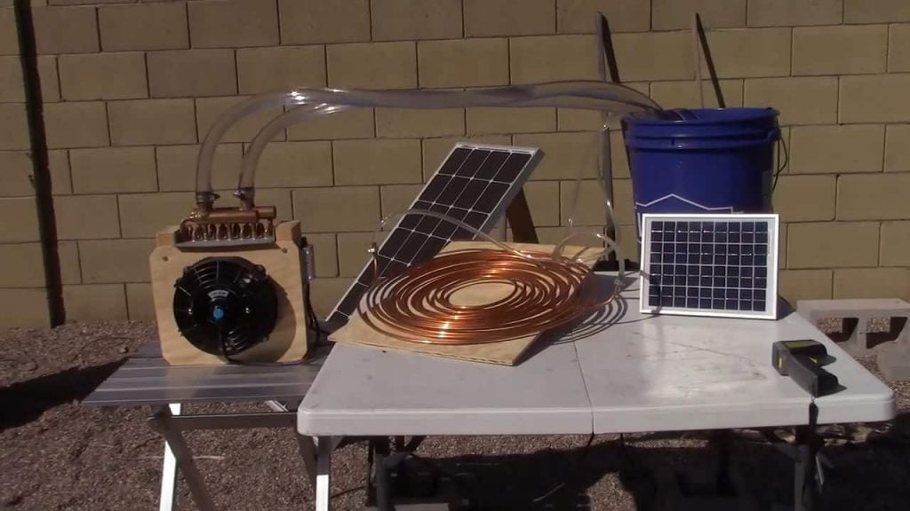 How to build a Homemade Off grid Solar Powered Water fueled  Air Heater and Air Cooler using an 8 X 8 heat exchanger and a car radiator fan